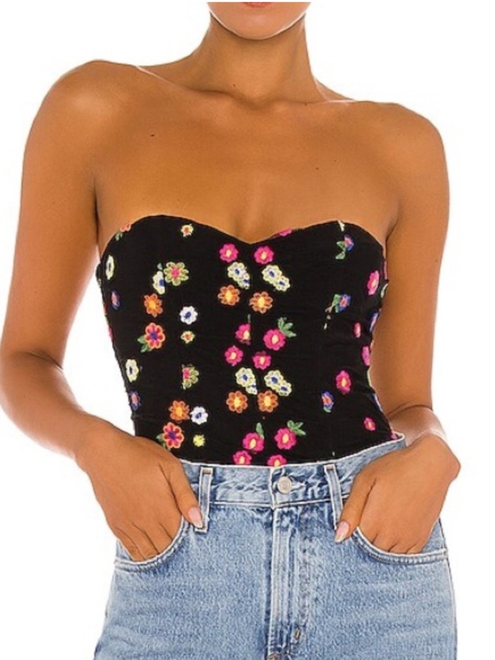 NWT LOVERS + FRIENDS Youlanda Bodysuit Embroidered Flowers Mesh Strapless XXS